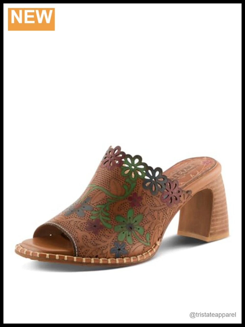 Laser-Cut Leather Slide Sandal Block Heel Slip-On Mule